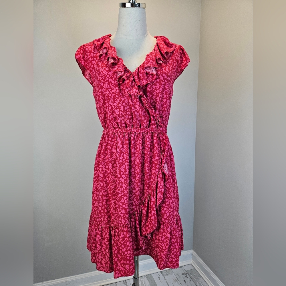 J Crew Womens V Neck Ruffle Dress 4 Tossed Bouquet Print Lenzing Ecovero Viscose